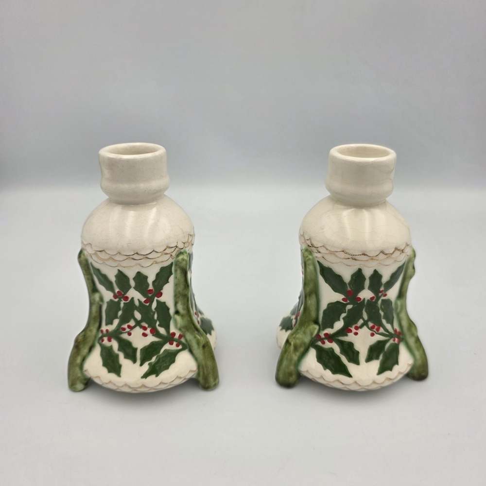 2 Green Holly & Red Berry Gold Trim Ceramic Candle Holders Taper Christmas